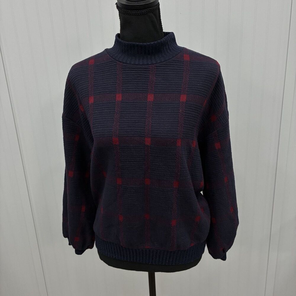 Porridge Anthropologie Womens Small Navy Blue Red Plaid Mock Neck Knit Sweater